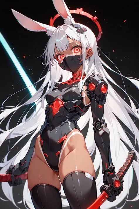  android、 short girl、Red glowing eyes、 tanned skin、 long hair、 Silver Hair、 small breasts、 white machine body armor、whole body、 1 girl、 Rabbit Ears、Black Machine Mask 、black mechanical headgear、 cyberpunk、Long sword