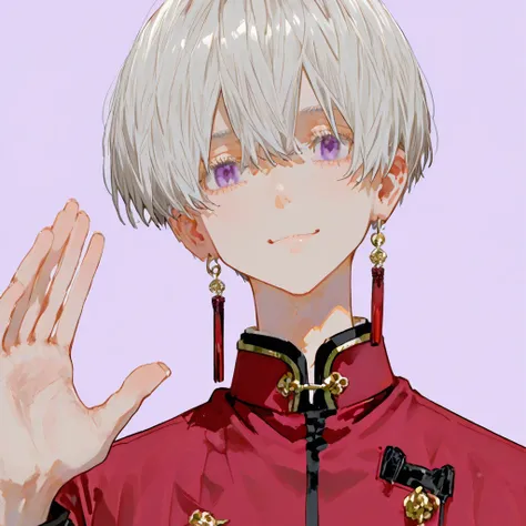 one boy, Alone, Male attention, _Kurokawa, Gray Hair,   purple eyes ,  short hair, ,  earrings, tassel  earrings, Symmetric,  waving,  half-open, smile, , Red Uniform、Purple Background、 simple background、 assault rifle、 Holding Weapons 、 Masterpiece,  top ...