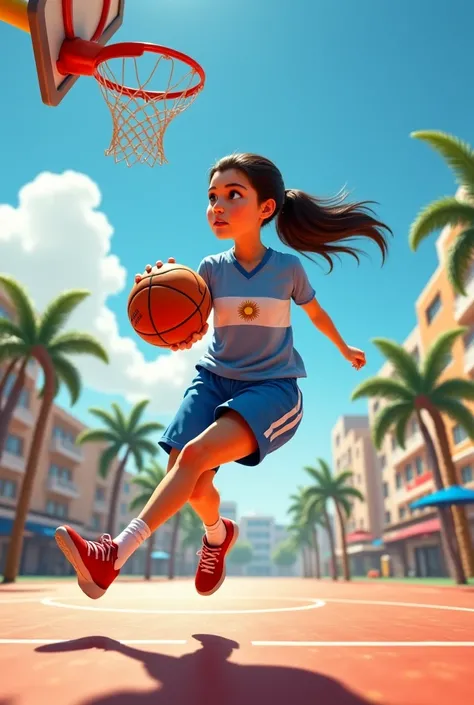 Argentinian girl playing basketball attacking the hoop