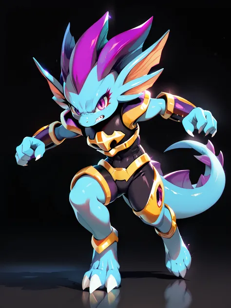 Anime, ((anime style)), solo drawing, solo, Three-Quarter view, ((Solid Black Background)), ((vivid purple eyes)), ((draconic ear frills)), ((head fin)), ((tall figure)), ((angry expression)), ((running pose:1.5)), ((digitigrade legs)), ((digitigrade feet)...
