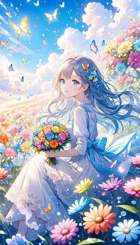 anime、kawaii"An surreal girl is sitting in a vast flower field. She is holding a colorful bouquet of flowers, and in the background there is a blue sky with white clouds. Butterflies are fluttering in the sky, and sparkling light particles are floating in ...