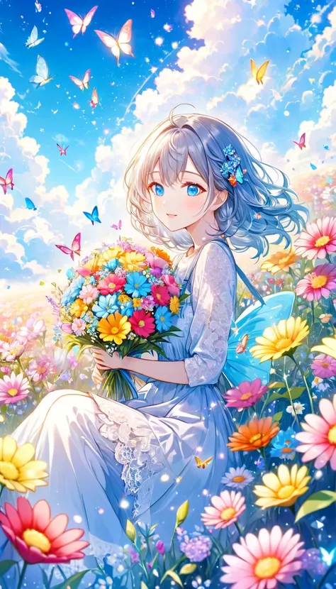 anime、kawaii"An surreal girl is sitting in a vast flower field. She is holding a colorful bouquet of flowers, and in the background there is a blue sky with white clouds. Butterflies are fluttering in the sky, and sparkling light particles are floating in ...