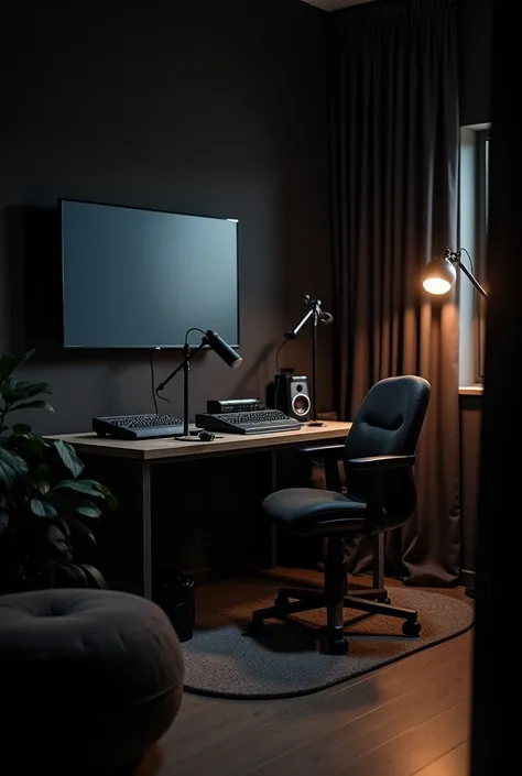  Podcast room with microphones,  lights and a TV built into the wall, black wall, Luz outfit, sala sola ,  without people, black light, dark