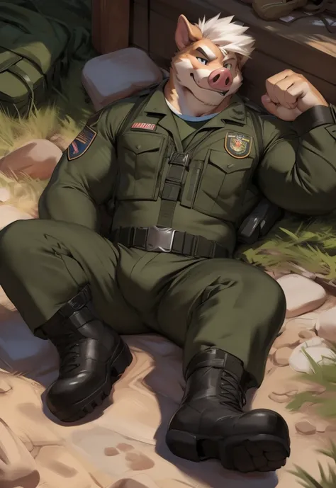 male, anthro, muscle, black green Army uniform , (pig ),​Lying on the floor, marines outfit, marines,boot camp,half length portrait, white mane, , by zackary911, chunie, meesh, kiyosan, sigma x, bara, detailed background, smirking,​