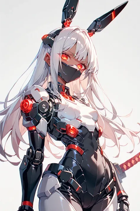  android、 short girl、Red glowing eyes、 tanned skin、 long hair、 Silver Hair、 small breasts、 white machine body armor、whole body、 1 girl、 Rabbit Ears、Black Machine Mask 、black mechanical headgear、 cyberpunk、 has a long sword