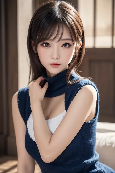 masutepiece, Best Quality, Ultra-detailed, finely detail, hight resolution, 8K picture quality, Perfect dynamic composition, Beautiful detailed eyes, Natural Lip, Dark blue knitted dress ,