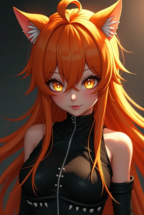 Anime with long spiky orange hair and golden eyes, Your clothes are black with a cat's tooth 
