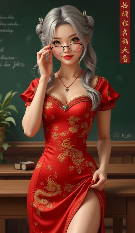 the proportions and detailed textures multicolored brushwork and softened with airbrush, semi-realism ink china illustration A sexy young teacher is shown (full body and in high quality), bold pose, perfect face, innocent look (bright emerald eyes) full li...