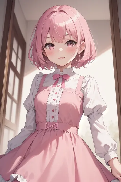 Top quality, high resolution, detailed, beautiful image quality, one girl, cute pale pink dress with frills, pink hair, short hair, smiling face, lolicon, younger sister, cute design with pink as the main color, overall sweet and dreamy atmosphere, white a...