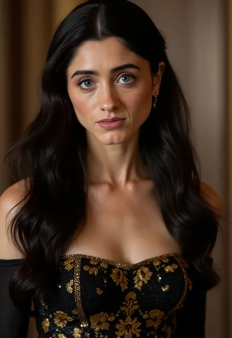 realistic photo of Natalia Dyer, Huge Breasts, seductive pose, beauty lady, (hot), masutepiece, High quality, UHD 32K, Realistic face, Realistic skin feeling, 1 matured lady, FLAT CHEST, (Day time at Palace), look In front  at the camera and sadness, natur...