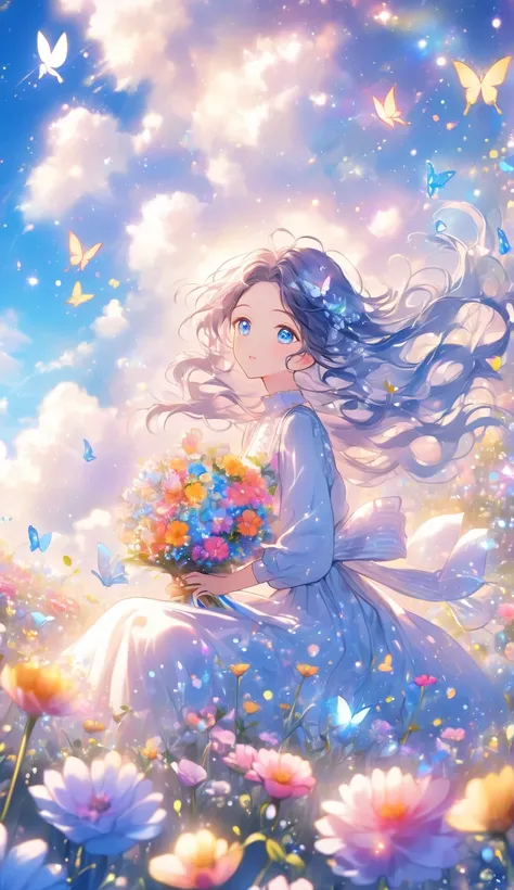 anime、kawaii"An surreal girl is sitting in a vast flower field. She is holding a colorful bouquet of flowers, and in the background there is a blue sky with white clouds. Butterflies are fluttering in the sky, and sparkling light particles are floating in ...