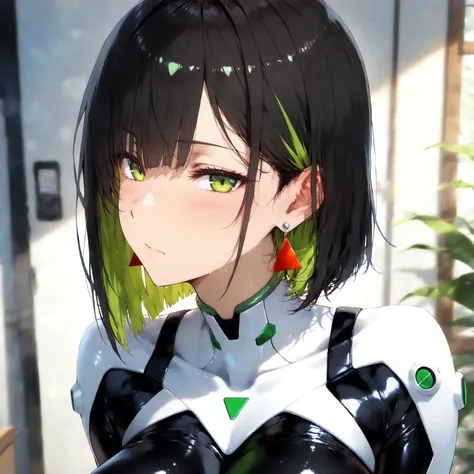 masterpiece, (((( best quality )))),1 girl, Japanese Anime ,character profilele,shiny skin, wearing a black pilot suit, dark hair, short bob hair,The inner color of the hair is green, green eyes,isosceles triangle earrings, black tights,large breasts