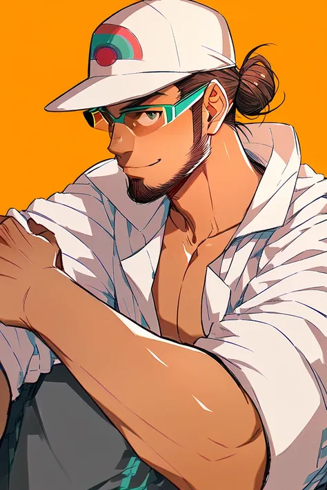 professor kukui, short hair, hair bun, brown hair, facial hair, beard, tan skin, glasses, baseball cap, white coat,
