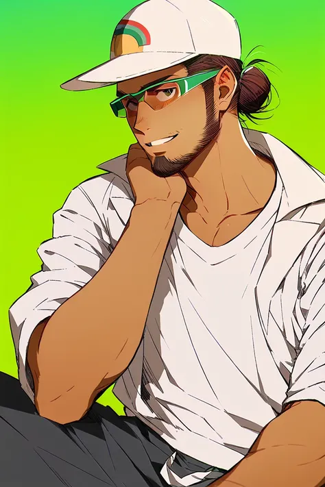 professor kukui, short hair, hair bun, brown hair, facial hair, beard, tan skin, glasses, baseball cap, white coat,
