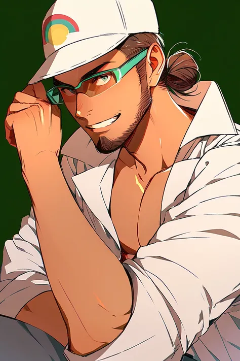 professor kukui, short hair, hair bun, brown hair, facial hair, beard, tan skin, glasses, baseball cap, white coat,
