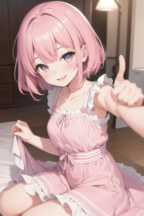 Best quality, high resolution, detailed, beautiful image quality, 1 girl, cute pale pink dress with frills, pink hair, short hair, smiling face, lolicon, younger sister, overall sweet and dreamy atmosphere, white and pink room,