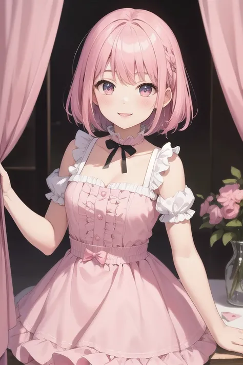 Best quality, high resolution, detailed, beautiful image quality, 1 girl, cute pale pink dress with frills, pink hair, short hair, smiling face, lolicon, younger sister, overall sweet and dreamy atmosphere, white and pink room,