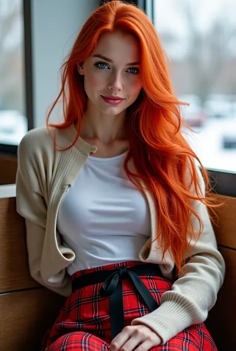 Generate hyper realistic image of a beautiful model with long, vibrant red hair seated on a wooden bench. She is wearing a white t-shirt, a long-sleeved sweater, and a red plaid skirt with a black belt tied around her waist. Her eyes are bright blue, and s...