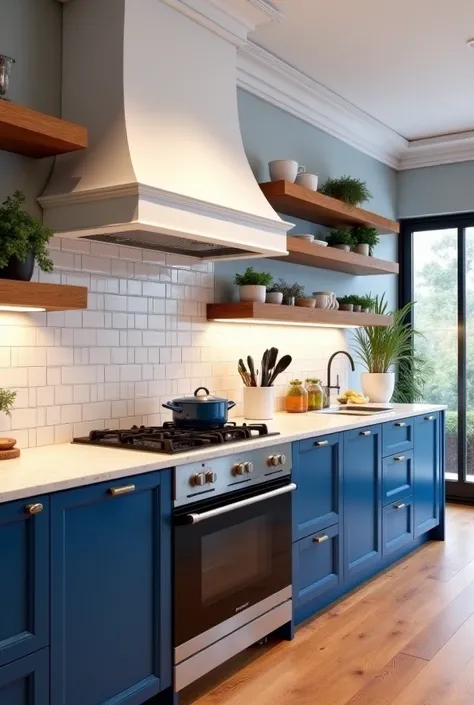  high quality, realistic.  Create a chic kitchen with wooden touches, blue and white.,  Seja o mais realistic possível. contemporary cuisine. cook top.  plaster on the ceiling with molding and warm lighting, hood, shelves on the wall