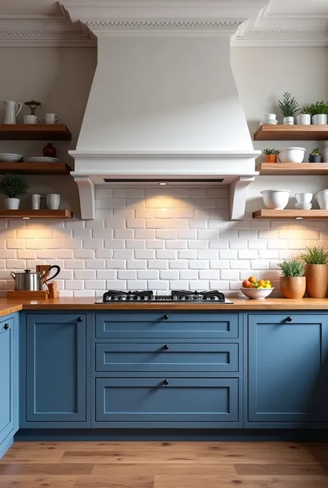  high quality, realistic.  Create a chic kitchen with wooden touches, blue and white.,  Seja o mais realistic possível. contemporary cuisine. cook top.  plaster on the ceiling with molding and warm lighting, hood, shelves on the wall