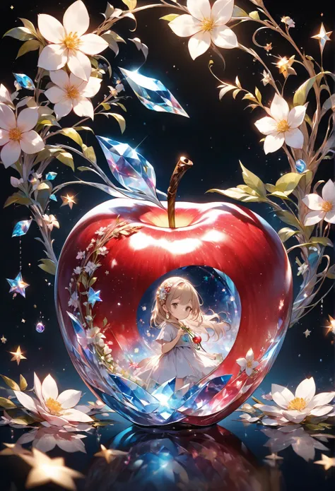 Score 9, Score 8 Up, Score 7 Up, Transparent crystal apple with girl inside, sparkling flowers and twinkling stars inside the apple, dark background highlights the crystal apple, high quality, high resolution, high contrast