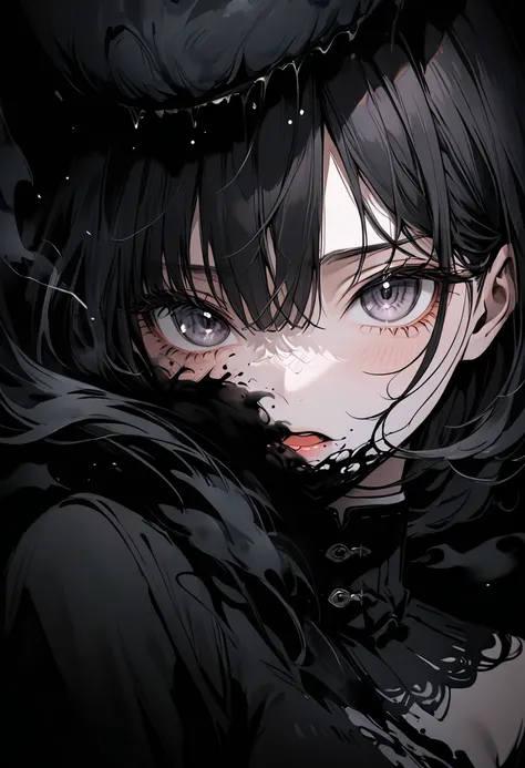 A beautiful girl being swallowed up by a black shadow、The face is black with black fog