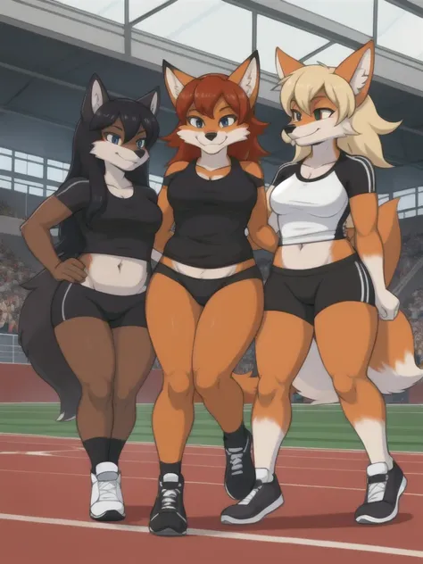 Furry, fox, wolf, girls, female, friends, trio, competition, black shirt, black spandex bike shorts, shoes, indoor running track, competition, full body