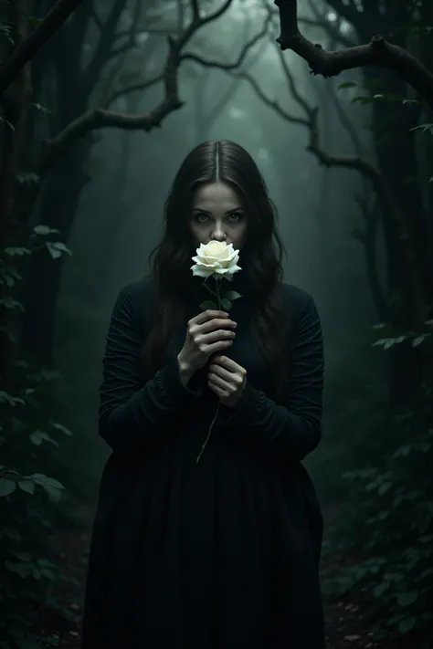 In a Dark Moody Forest a woman holds a white Rose in Front of her Face, One eye visible 