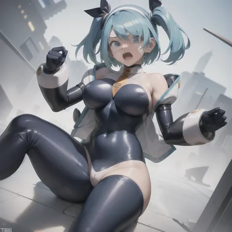 rico_megamanxdive, 1girl, solo, blue eyes, short hair, blue hair, android, bodysuit, cyberspace, masterpiece, high quality, sad, hands on hip, masterpiece, torn clothes, bodysuit,  side boob, large breasts, bound wrist, strap on leg, on back, large hips, c...