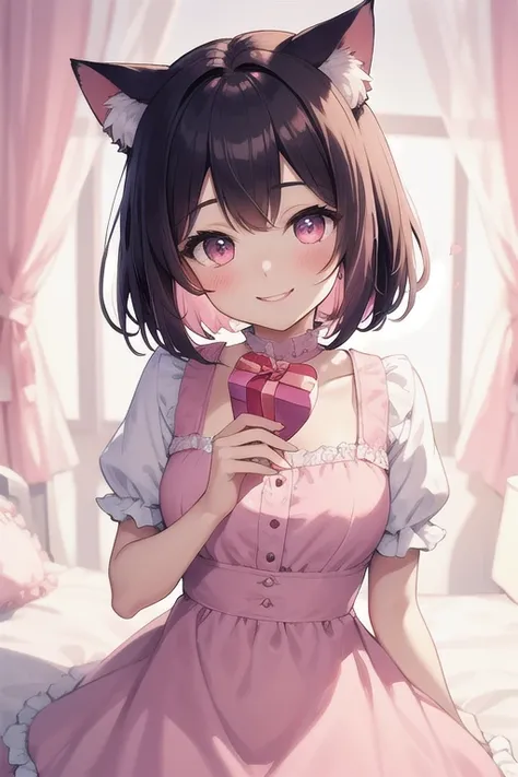 Top quality, high resolution, detailed, beautiful picture quality, one girl, cute pale pink dress with frills, short hair, cat ears, lolicon feeling, smiling face, cute design based on pink, overall sweet and dreamy atmosphere, hearts and gift boxes are dr...