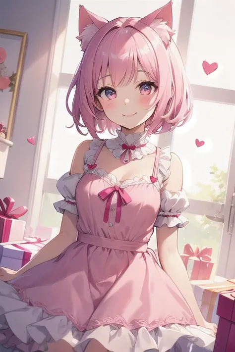 Top quality, high resolution, detailed, beautiful picture quality, one girl, cute pale pink dress with frills, short hair, cat ears, lolicon feeling, smiling face, cute design based on pink, overall sweet and dreamy atmosphere, hearts and gift boxes are dr...