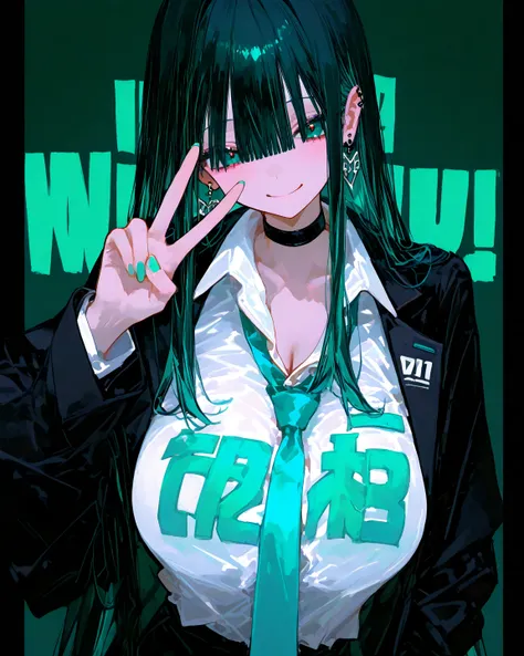  8k wallpaper、  Masterpiece、最   high quality、   high quality、   very aesthetic 、   absurd、 latest、    indoors  、    lower store black hair  、   long hair、 Clothes Hatsune Miku 、    shirt,   tuxedo ,   earrings,     jacket     , 色ed      shirt, Aqua Nail,  ...