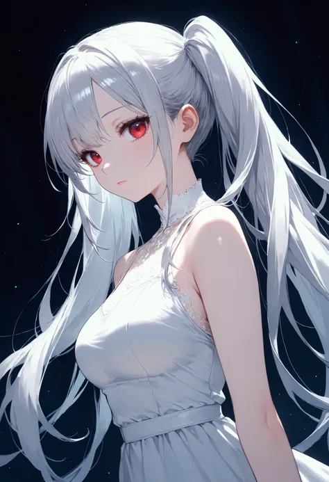 1 woman, solo, pale skin, dutch angle, side shot, silver hair, long hair, double ponytails, red eyes, beautiful detailed eyes, medium breasts, white dress, watching her own reflection, her reflection is looking at viewer, she has blue eyes on her reflectio...