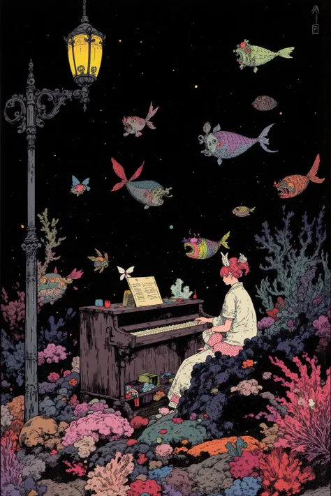  close-up Ukiyo-e of a woman playing a grand piano in the deep sea,シュールで Beautiful Art  ,A colorful glowing coral reef ,A large group of bizarre deep-sea fish,One street lamp shines a warm colored light,butterfly,Creepy art ,  Depicted on a black backgroun...