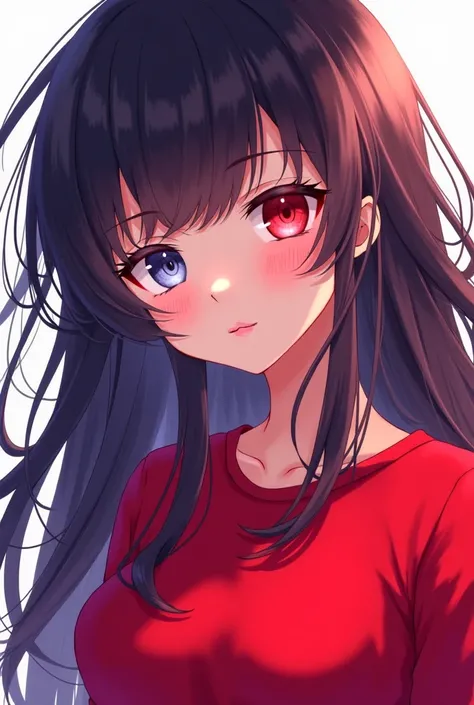 That she is an anime girl and her right eye is white and Iskierda is red and her shirt is red