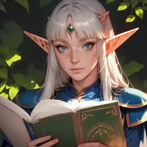 beautiful woman,  elf ear,katyasitak , skin cover, armors, (close up, portrait photo), female elf,( alone), Reading head  , freckles,  realistic,  depth of field  