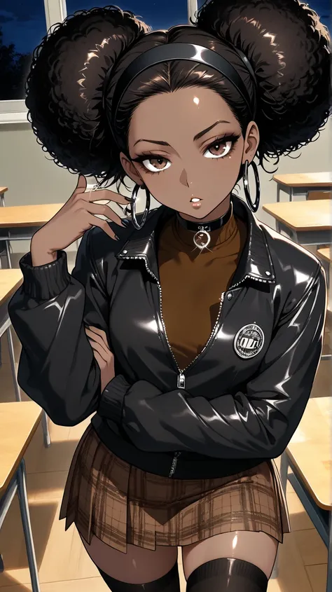 1Girl, Mature, Ebony, African American, Dark Skin, Jet Black Hair, Afro, Double Bun, Shiny Hair, Bright Brown Eyes, Black Nails, Dark Brown Eye Shadow, Medium Chest, Brown Turtleneck Shirt, Black Varsity Jacket, Brown Plaid Skirt, Black High-Thigh Socks, B...