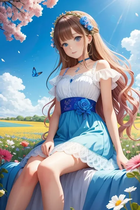 anime、kawaii"An surreal girl is sitting in a vast flower field. She is holding a colorful bouquet of flowers, and in the background there is a blue sky with white clouds. Butterflies are fluttering in the sky, and sparkling light particles are floating in ...