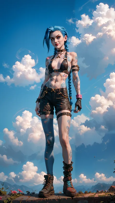 Full body portrait of a blue-haired girl, Jinx, arcane. Jinx, girl with twin braids and blue color, Jinx, woman with blue cloud tattoos, arcane, Jinx of the Arcane 