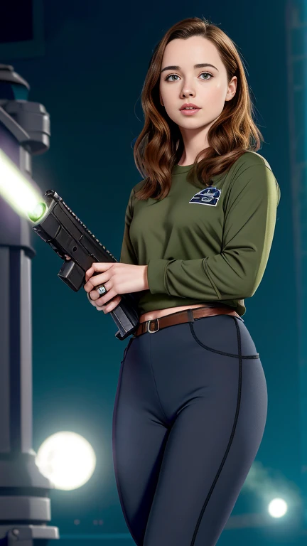 Anna Popplewell: Georgia tennant: Jenna Coleman: (the doctor's daughter) tight green t-shirt: big gun: Doctor Who: Doctor Who Genie: green shirt: black leggings: HOT: military science (fiction background) utility belt: