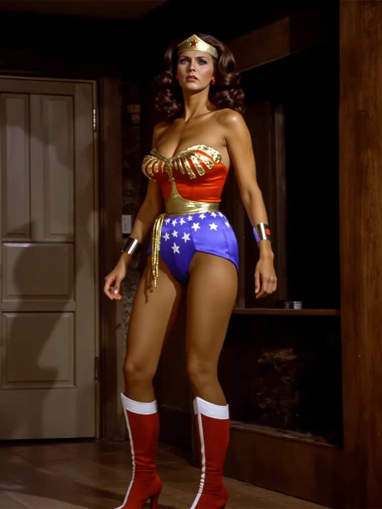 Wonder Woman, Linda Carter , standing, she's been kicked in the vagina so she's clutching her pussy in pain, crying, eyes open looking up, in dark sexy bedroom , ((( with eyes opened, mouth open, glossy lips )))，ravished legs spread, boots slipping down of...