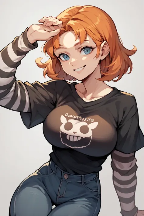 1 girl, solo, black short sleeve t-shirt, layered sleeves, white long sleeves, jeans, defAnnette, orange hair, blue eyes, black t-shirt over white long sleeves, confident smile, large breasts, striped sleeves