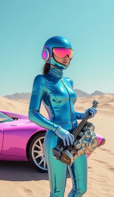 Surrealism in the desert A futuristic girl in a blue mirrored suit with a helmet with neon accents plays the accordion next to the pink car of the future 