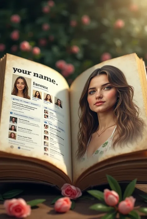 Create a detailed digital image of an open book with Facebook-style profile pages displayed on each side On the left page showcase a profile titled "your name" in giant letters with profile photos and a layout similar to a Facebook user page including prof...