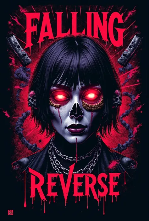  A t-shirt print inspired by the band 'Falling In Reverse' ,  capturing its dark aesthetic ,  chaotic and dramatic .  The design features a transparent background ,  with Gothic and Cyberpunk elements , combining shades of red , black and purple.  The name...