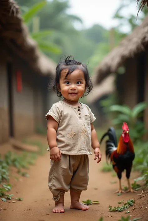 Picture of 14-month-old baby girl with Indonesian face with rooster on village background photo angle full body