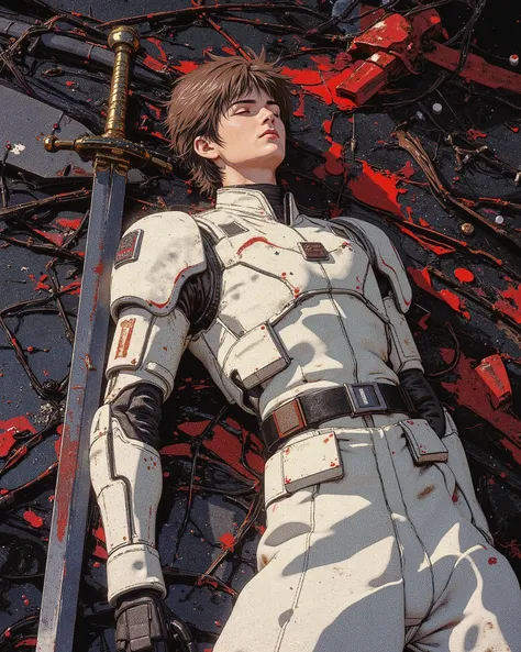  handsome guy,  about twenty-five , with brown short hair and closed eyes, in a white military uniform with high-tech elements of armor, with a sword, lying wounded,on black, wet ground, rain,  dark tones , red paint underneath