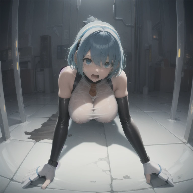 rico_megamanxdive, 1girl, solo, blue eyes, short hair, blue hair, android, bodysuit, cyberspace, masterpiece, high quality, sad, masterpiece, looking at viewer, crying, high quality, sad, masterpiece, torn clothes, bodysuit, breasts, large hips, concerned,...