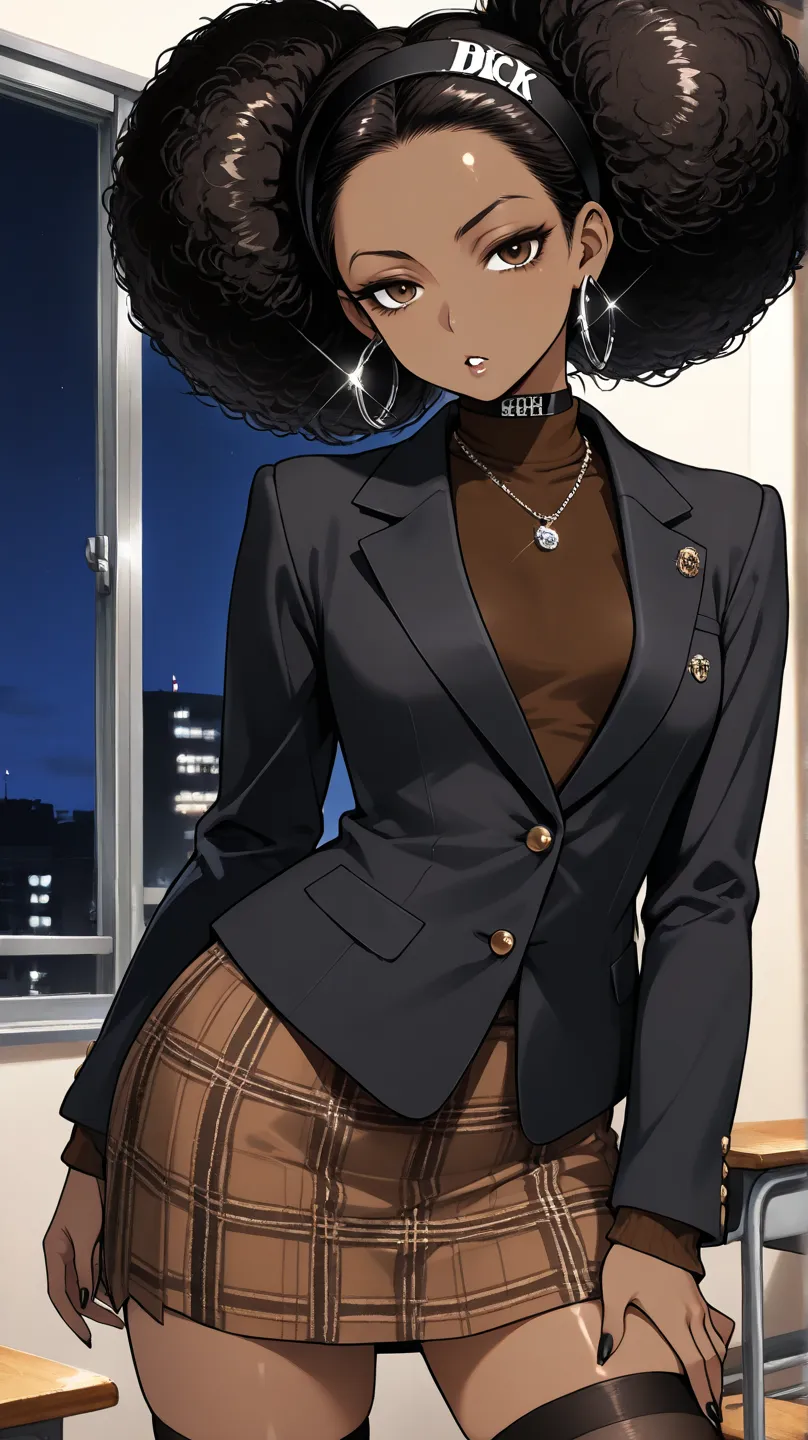 1Girl, Mature, Ebony, African American, Dark Skin, Jet Black Hair, Afro, Double Bun, Shiny Hair, Bright Brown Eyes, Black Nails, Dark Brown Eye Shadow, Medium Chest, Brown Turtleneck Shirt, Black Blazer Jacket, Brown Plaid Skirt, Black High-Thigh Socks, Bl...