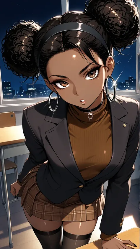 1Girl, Mature, Ebony, African American, Dark Skin, Jet Black Hair, Afro, Double Bun, Shiny Hair, Bright Brown Eyes, Black Nails, Dark Brown Eye Shadow, Medium Chest, Brown Turtleneck Shirt, Black Blazer Jacket, Brown Plaid Skirt, Black High-Thigh Socks, Bl...